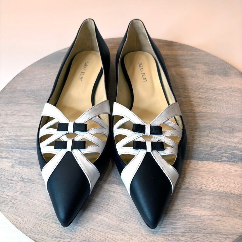 Sarah Flint Kim Black White Pointed Toe Ballet Flats Leather Shoes EU 41 US 11 - Picture 4 of 11